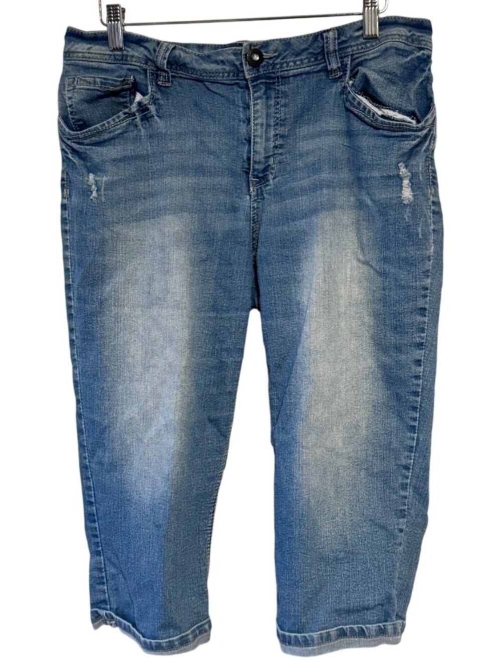 JW Womens Denim Capri Jeans 12 Embroidered Pockets Mid-Rise Distressed Look